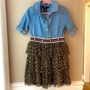 Bebe Girl’s Denim Leopard Mesh Dress Sz 4t